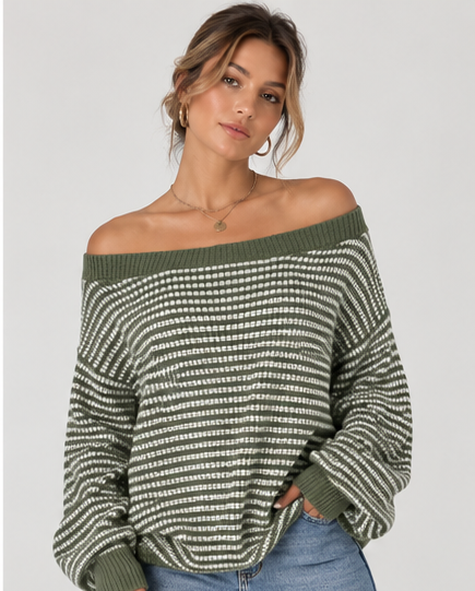 Noa Off-Shoulder Stripe Knit Green